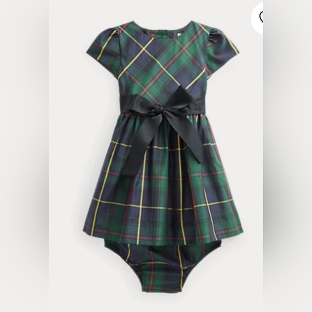 NWT Ralph Lauren green blue tartan plaid baby holiday dress. Size 18 m